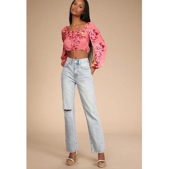 NWT Lulus Cheerful Disposition Pink Floral Print Lace-Up Crop Top Size Small - Picture 6 of 11